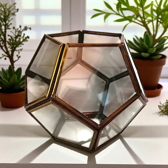Geometric Glass Brass Terrarium Octagon Planter Display Case Candle Holder Vtg - Picture 15 of 16